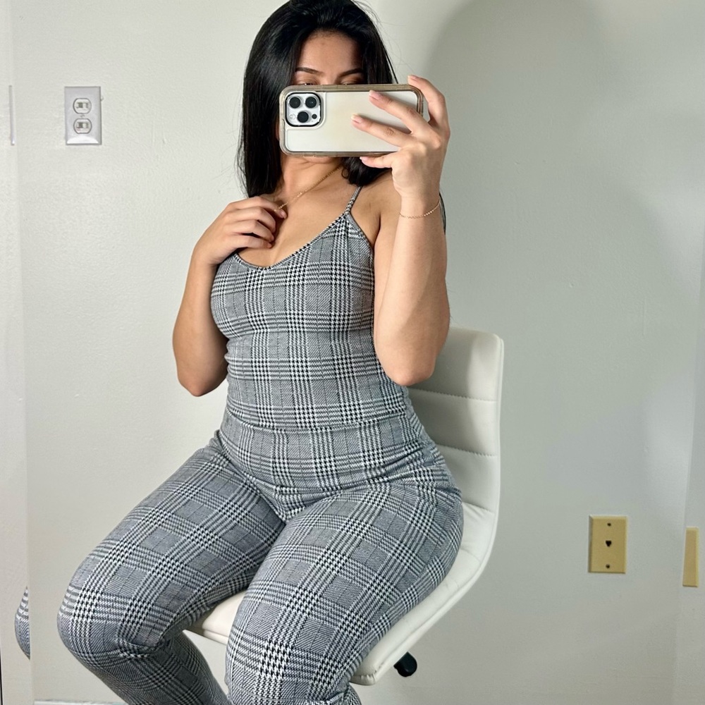 Plaid black and white jumpsuit